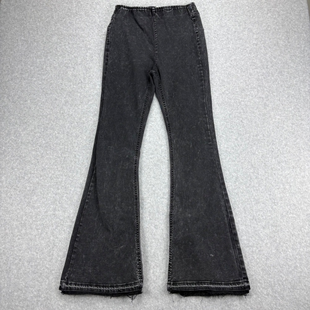 Flare Jeans Juniors S Black Acid Wash Elastic Waist Stretch Boho Festival Retro